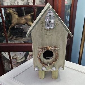 Whimsical Rustic Green Birdhouse with Crystal Accents